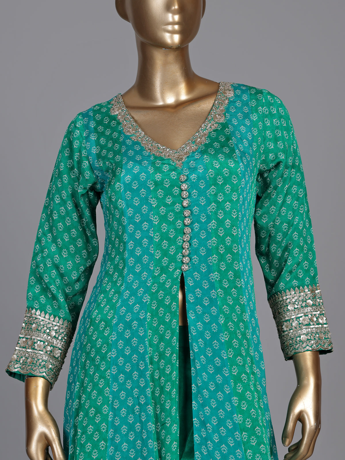 Green modal silk printed anarkali suit with diamond and zardosi work
