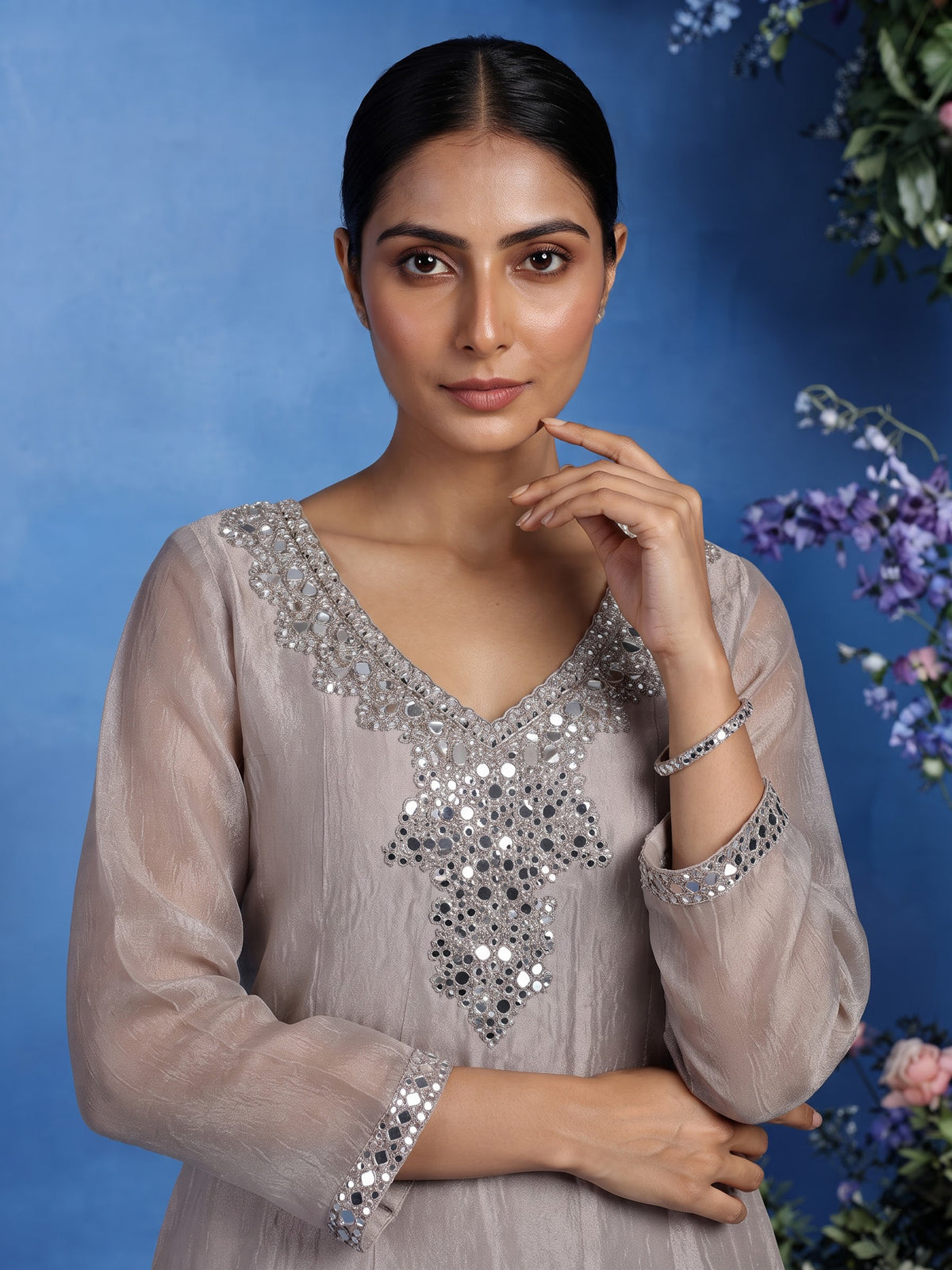 Pastel grey tissue silk anarkali suit with cutdana and zardosi work