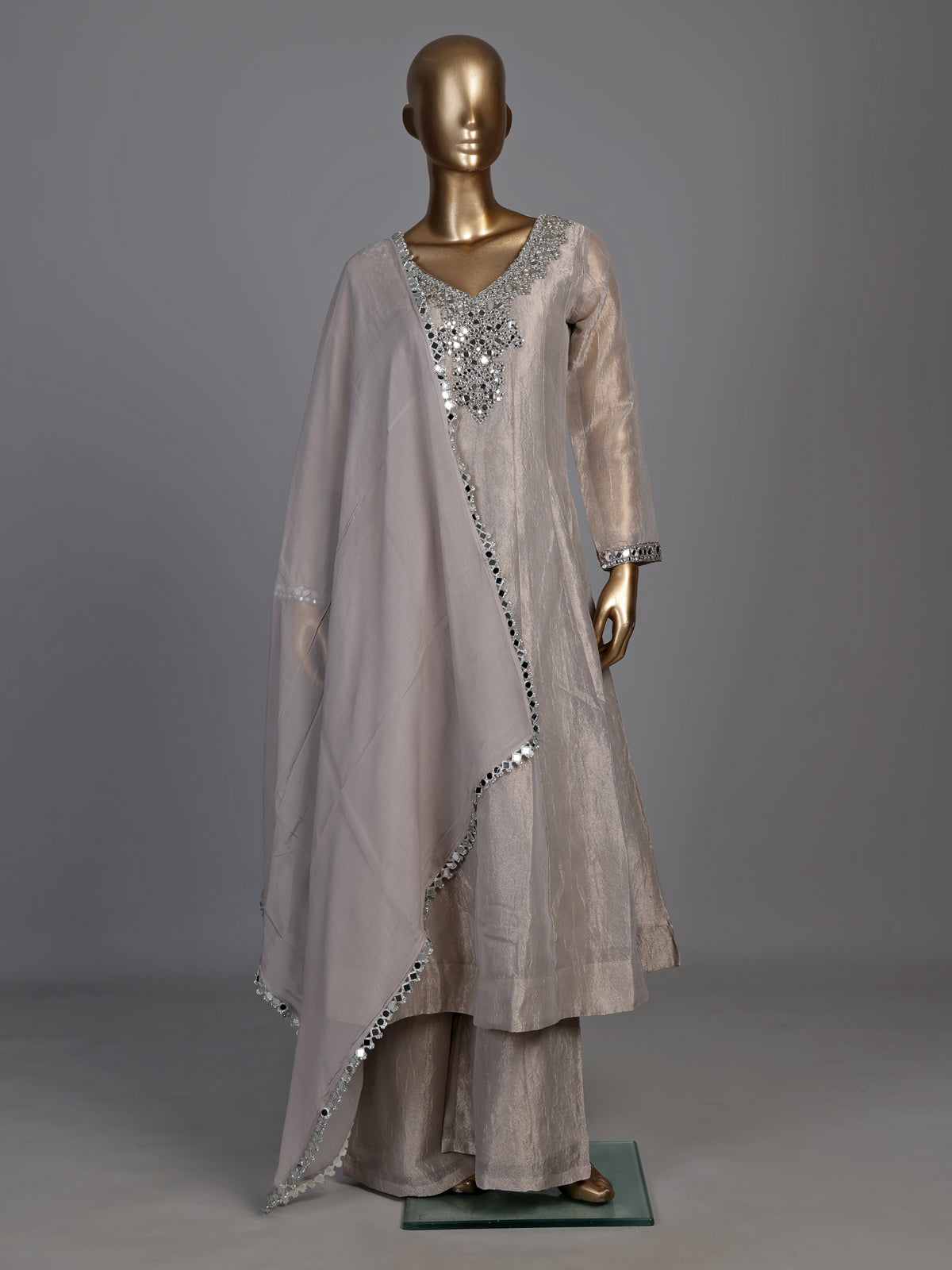 Pastel grey tissue silk anarkali suit with cutdana and zardosi work