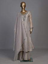 Pastel grey tissue silk anarkali suit with cutdana and zardosi work