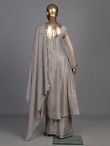 Pastel grey tissue silk anarkali suit with cutdana and zardosi work