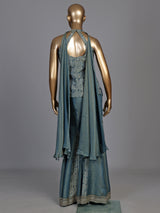 Pastel stone blue silk palazzo suit with mirror and zardosi work