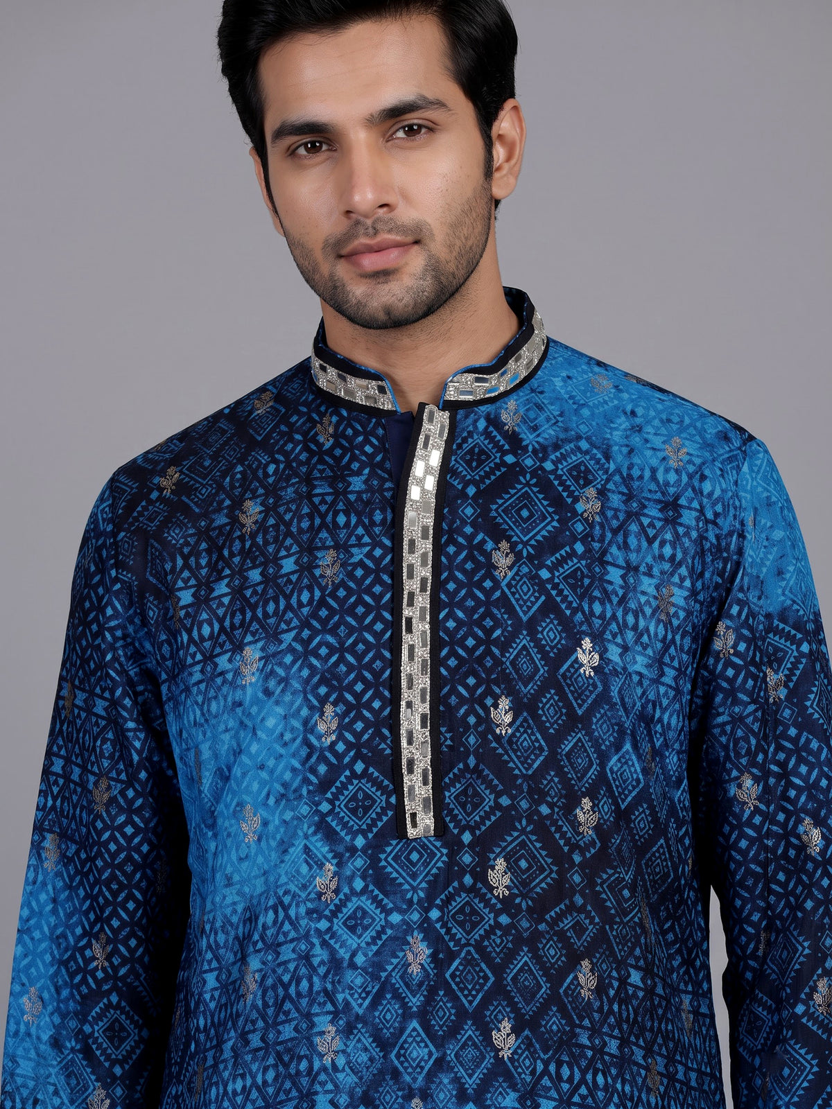 Royal blue bandhani kurta suit with zari embellished borders