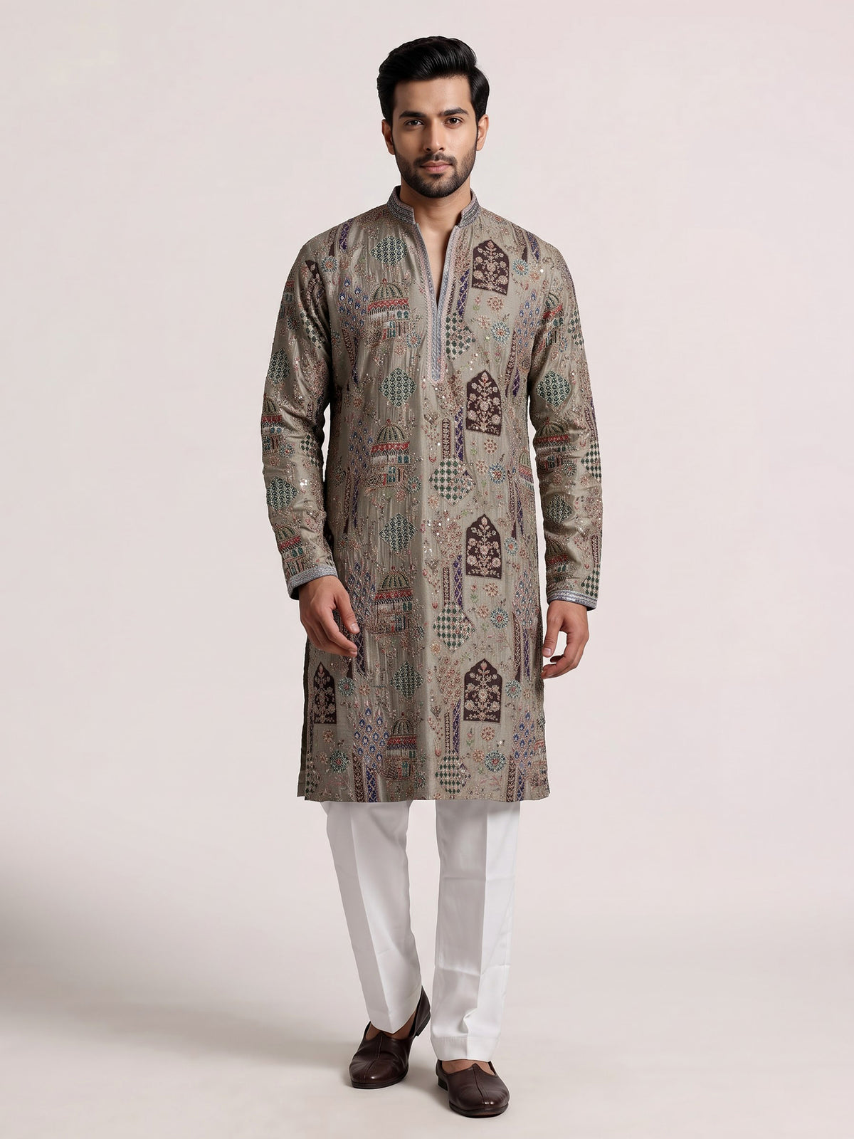 Ash grey silk kurta suit with palace inspired embroidery