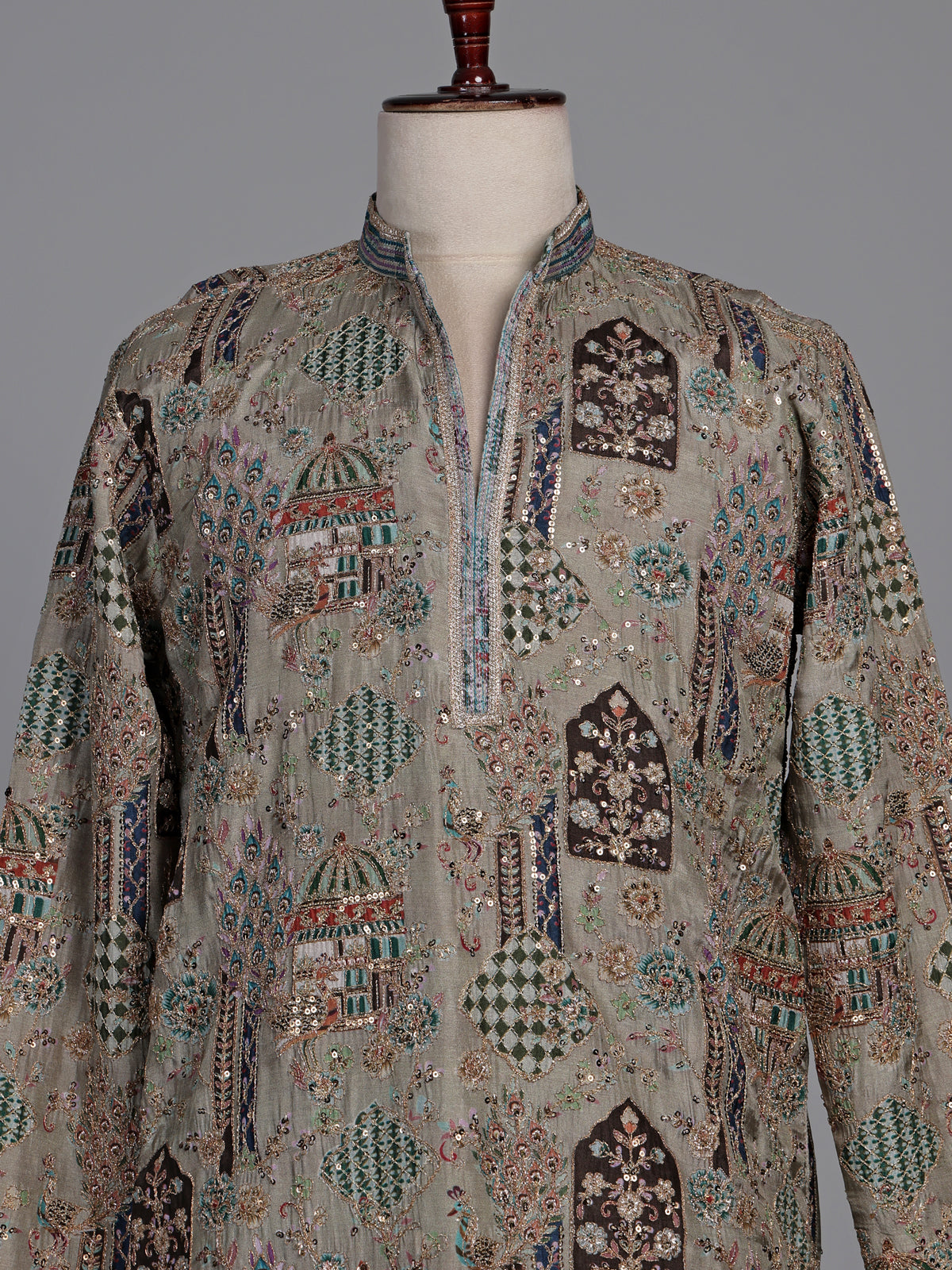 Ash grey silk kurta suit with palace inspired embroidery