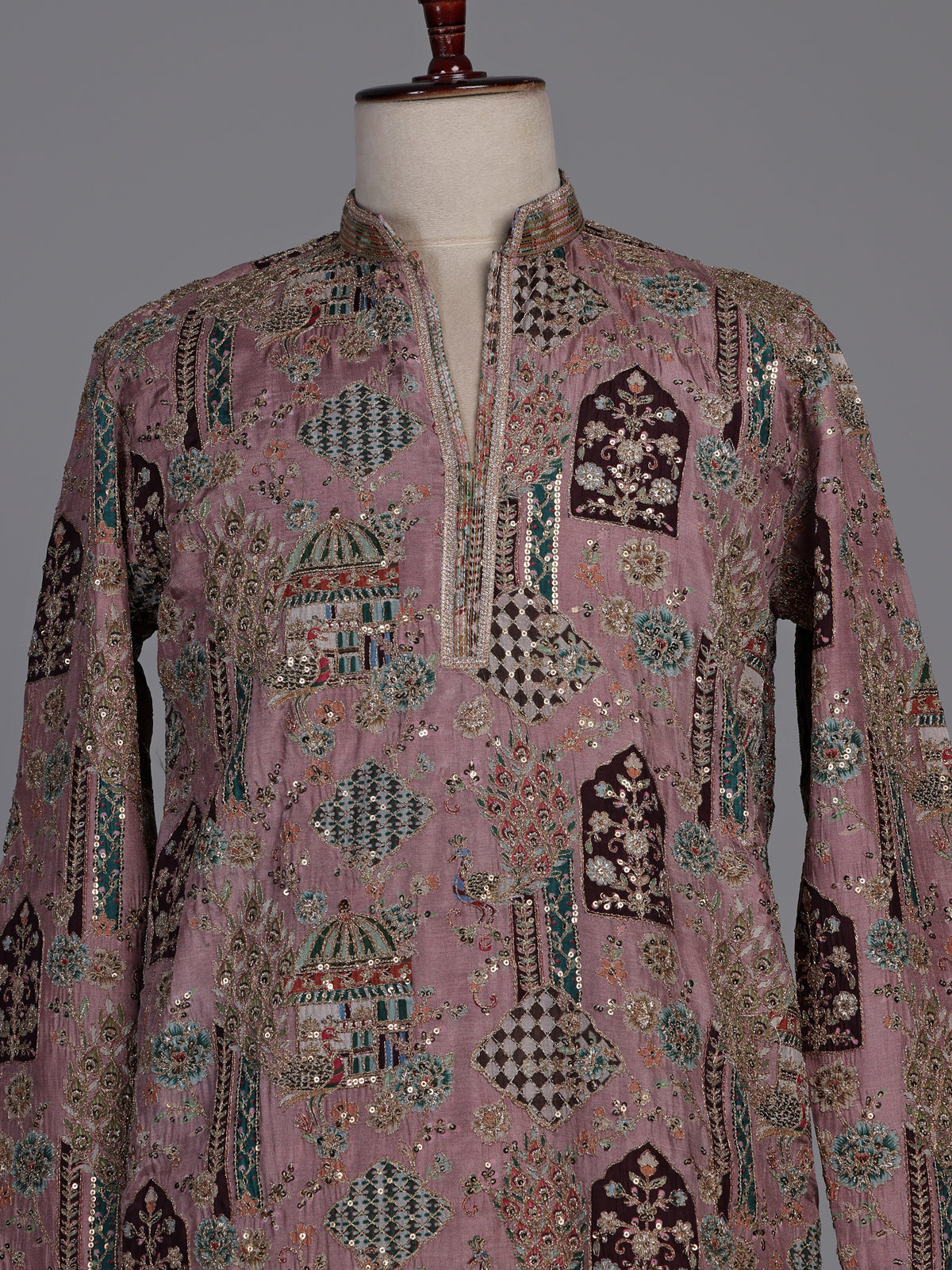 Rose pink silk kurta suit with mughal architectural thread work