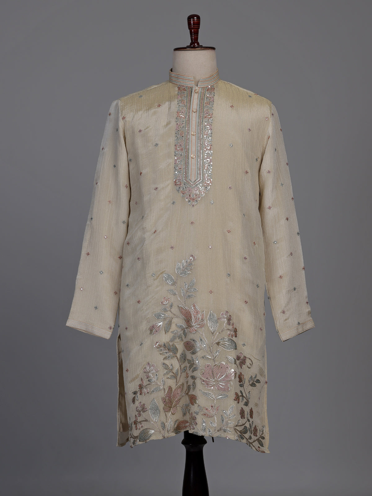 Pale cream dupion silk kurta suit with floral embroidery