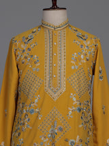 Mustard yellow georgette kurta suit with swan motif embellishments