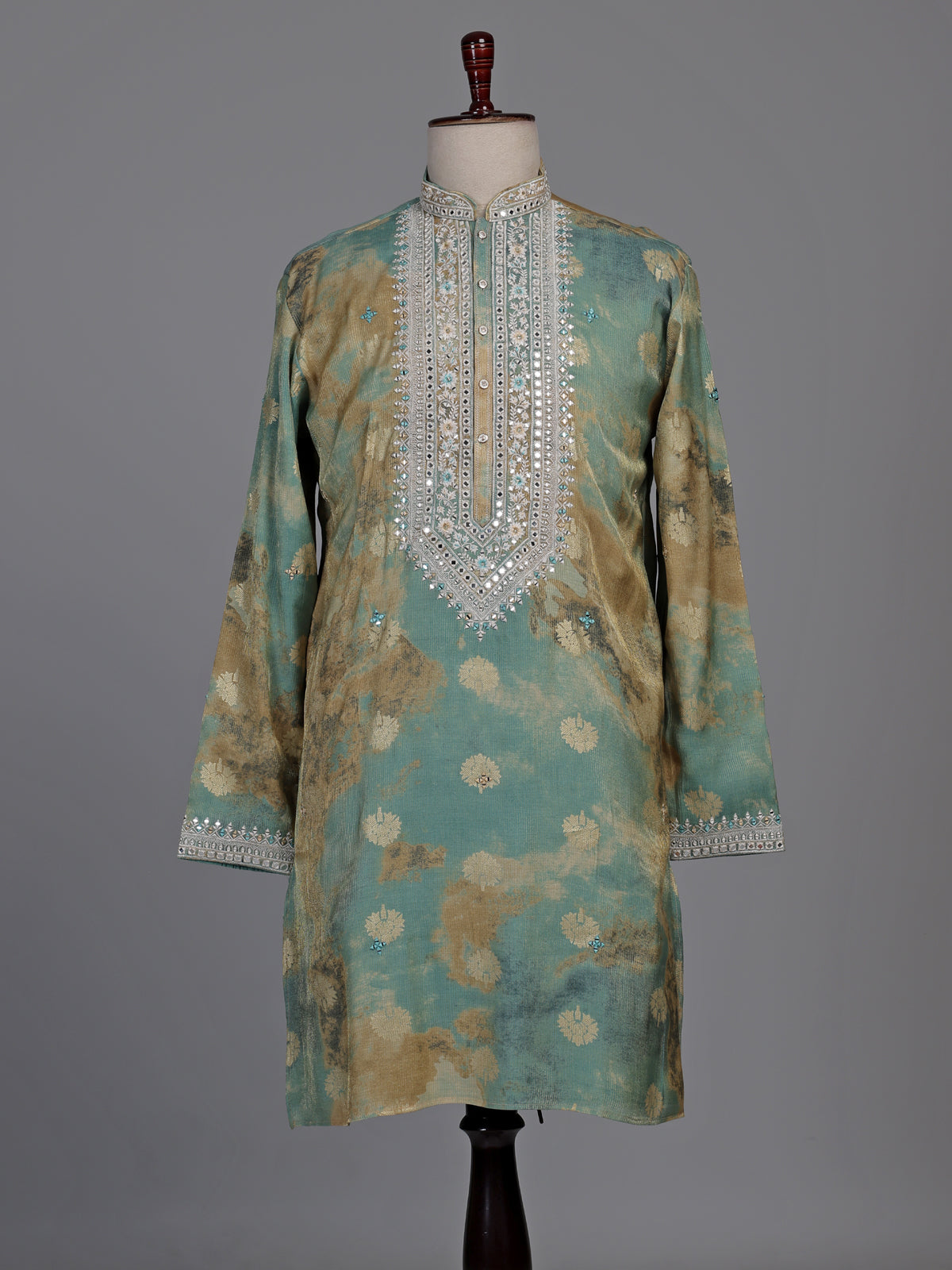Sea green silk kurta suit with mirror work embroidered neckline