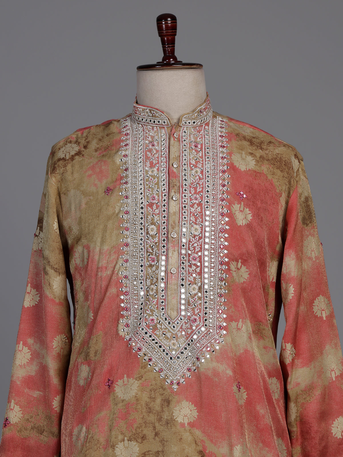 Coral peach ombre silk kurta suit with mirror detailing