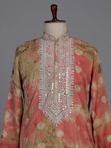 Coral peach ombre silk kurta suit with mirror detailing