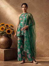 Green organza silk floral suit with mirror work palazzo