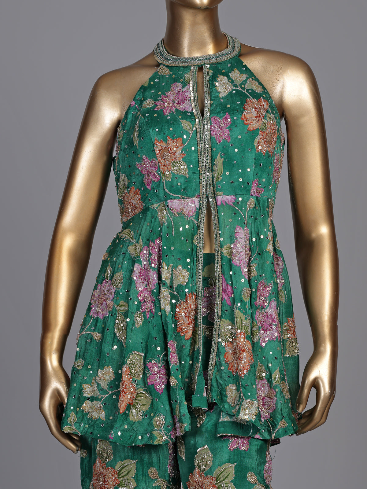 Green organza silk floral suit with mirror work palazzo