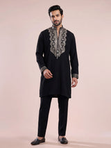Black cotton blend kurta suit with gold mirror work