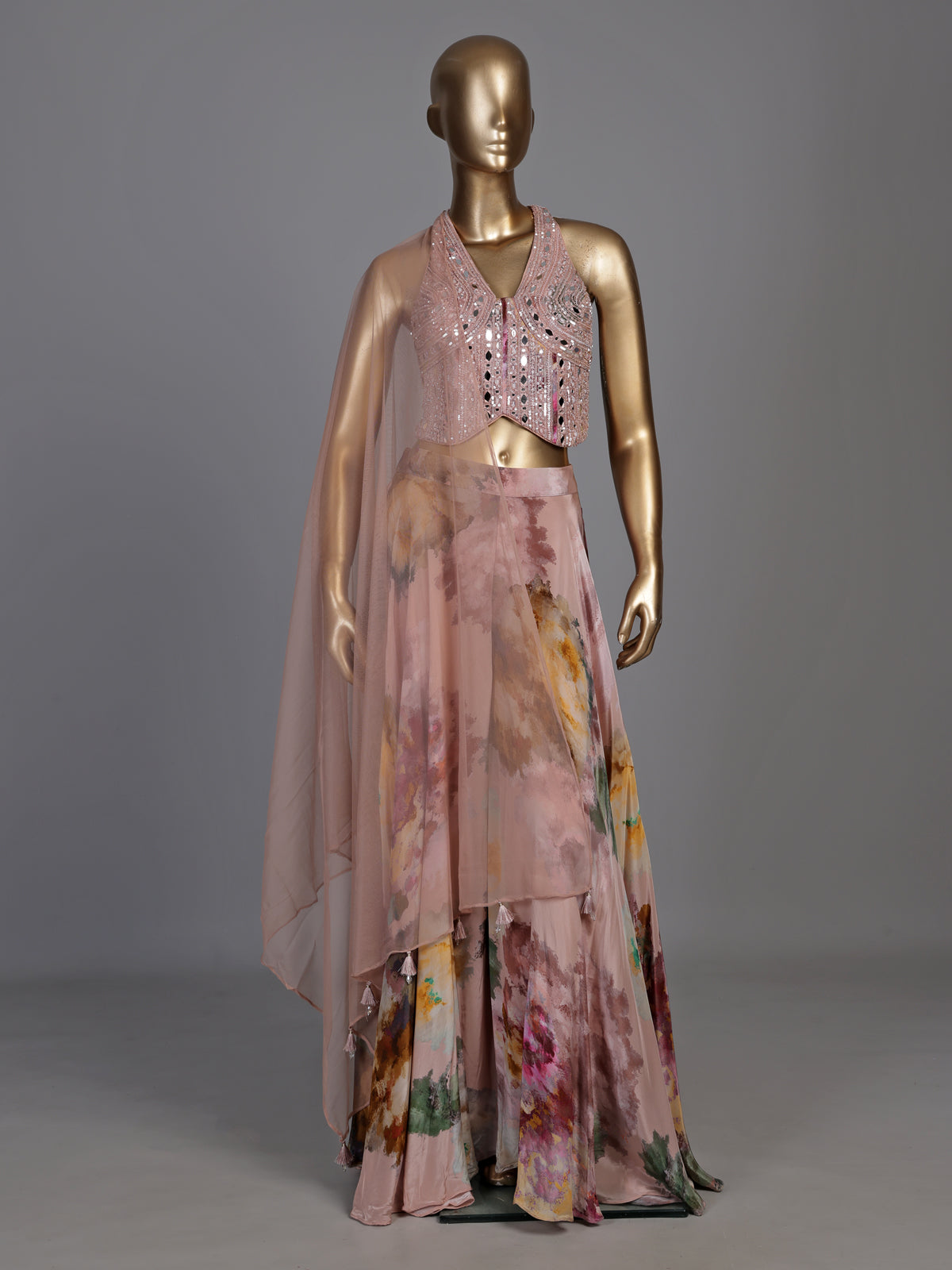 Peach silk halter neck palazzo suit with embellished top and dupatta