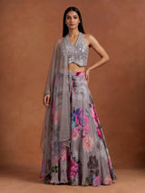Elegant grey silk halter neck suit with floral satin palazzo