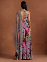 Elegant grey silk halter neck suit with floral satin palazzo