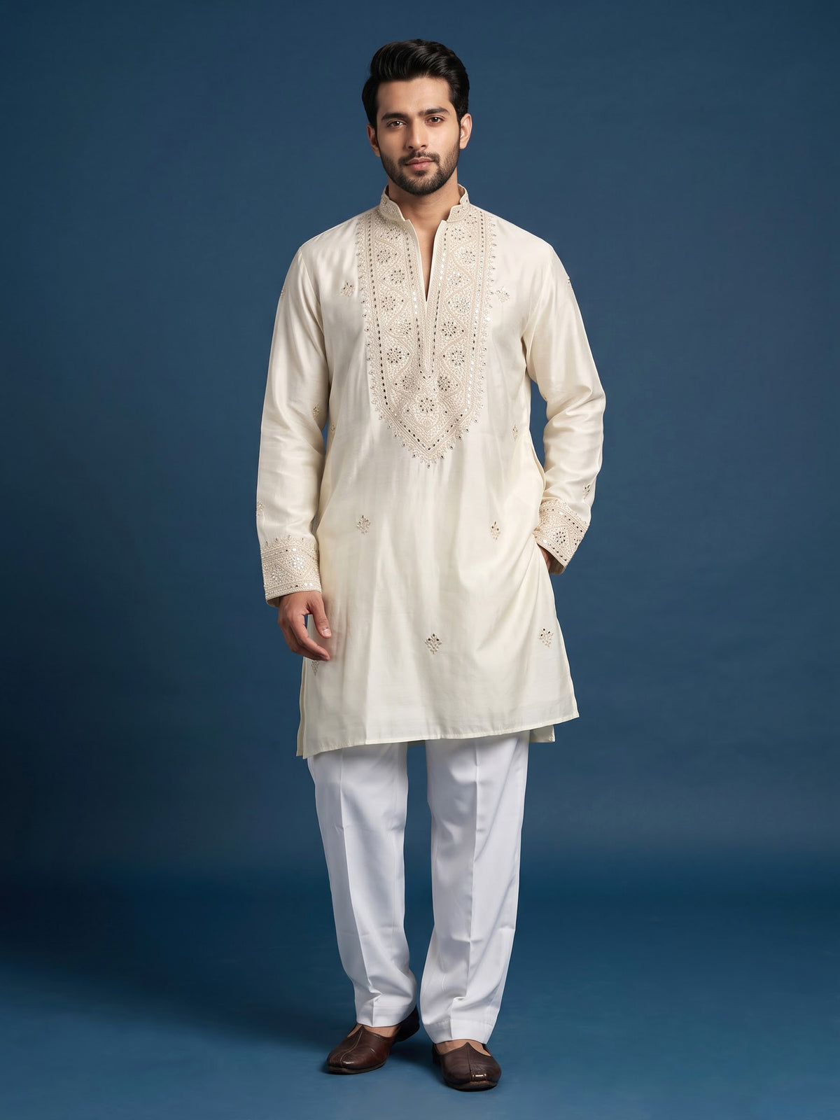 White cotton silk kurta suit with gota patti detailing