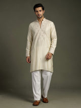 Cream cotton silk kurta suit with thread embellishments