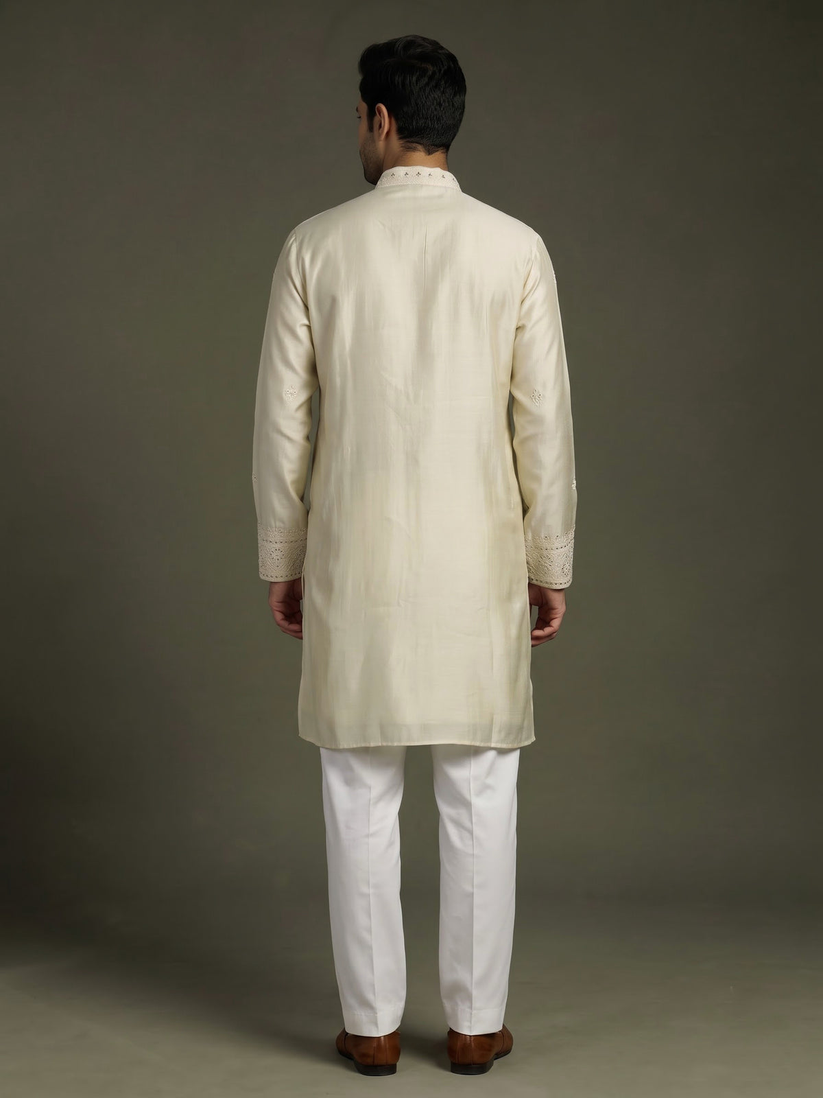 Cream cotton silk kurta suit with thread embellishments