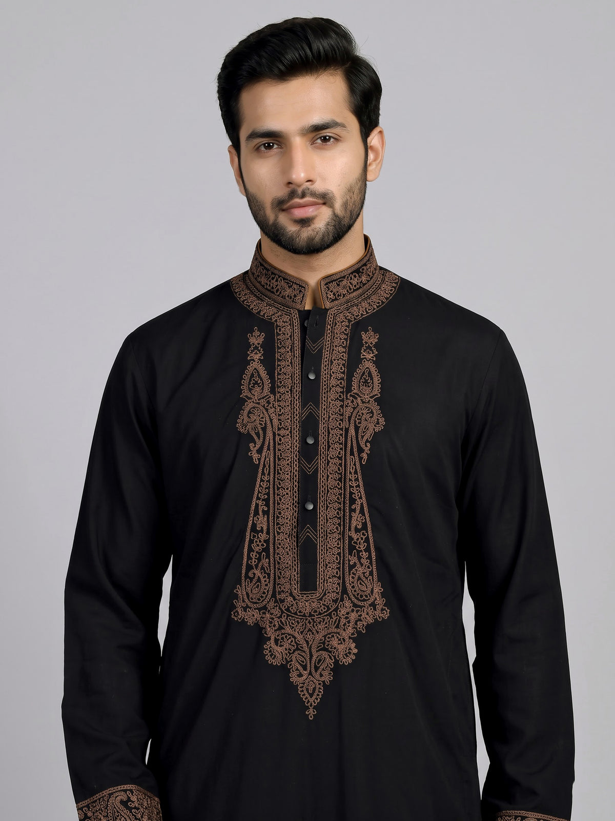 Black cotton kurta suit with antique bronze tilla embroidery