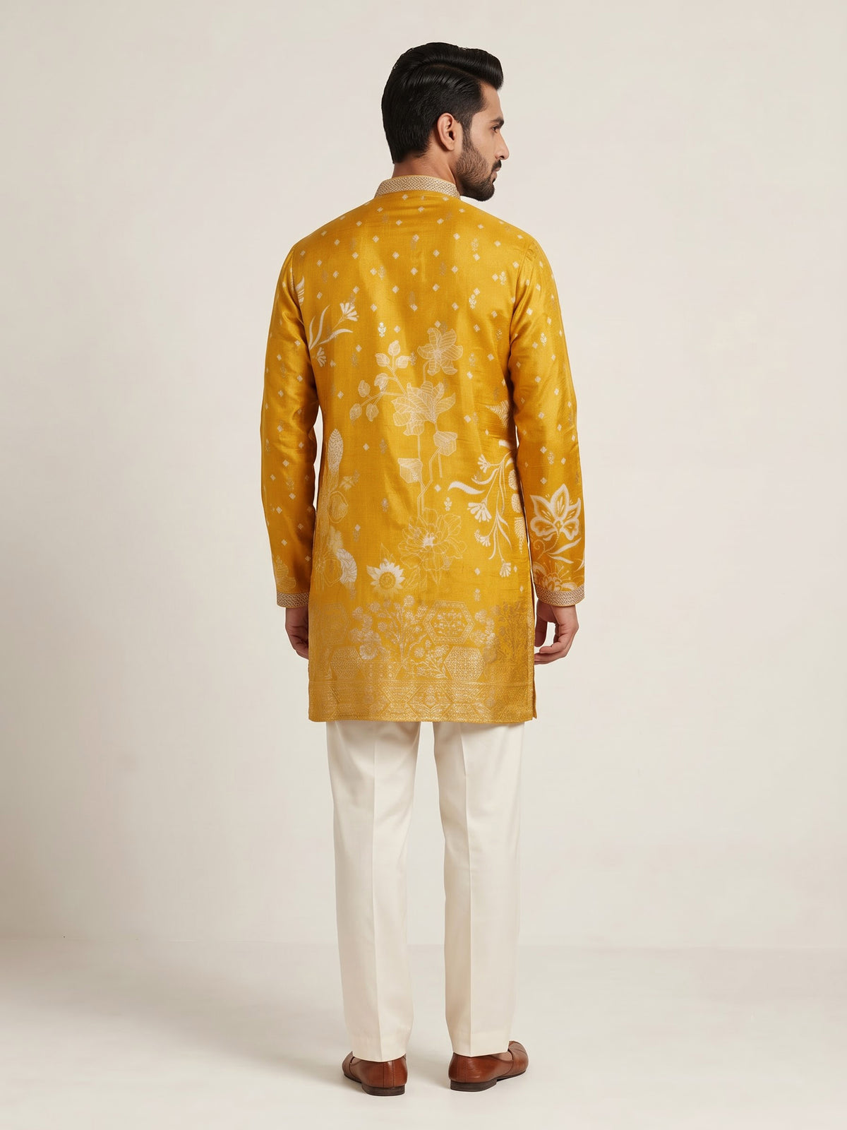 Mustard yellow silk kurta suit with white botanical motifs print
