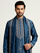 Deep teal silk kurta suit with golden embroidered neckline