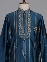 Deep teal silk kurta suit with golden embroidered neckline