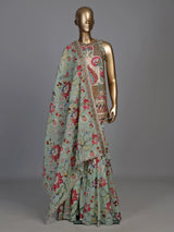Pista green pakistani sharara suit with bird motifs and embroidery