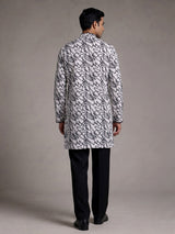 White linen kurta suit with black abstract doodle print