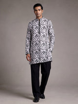 White linen kurta suit with black abstract doodle print