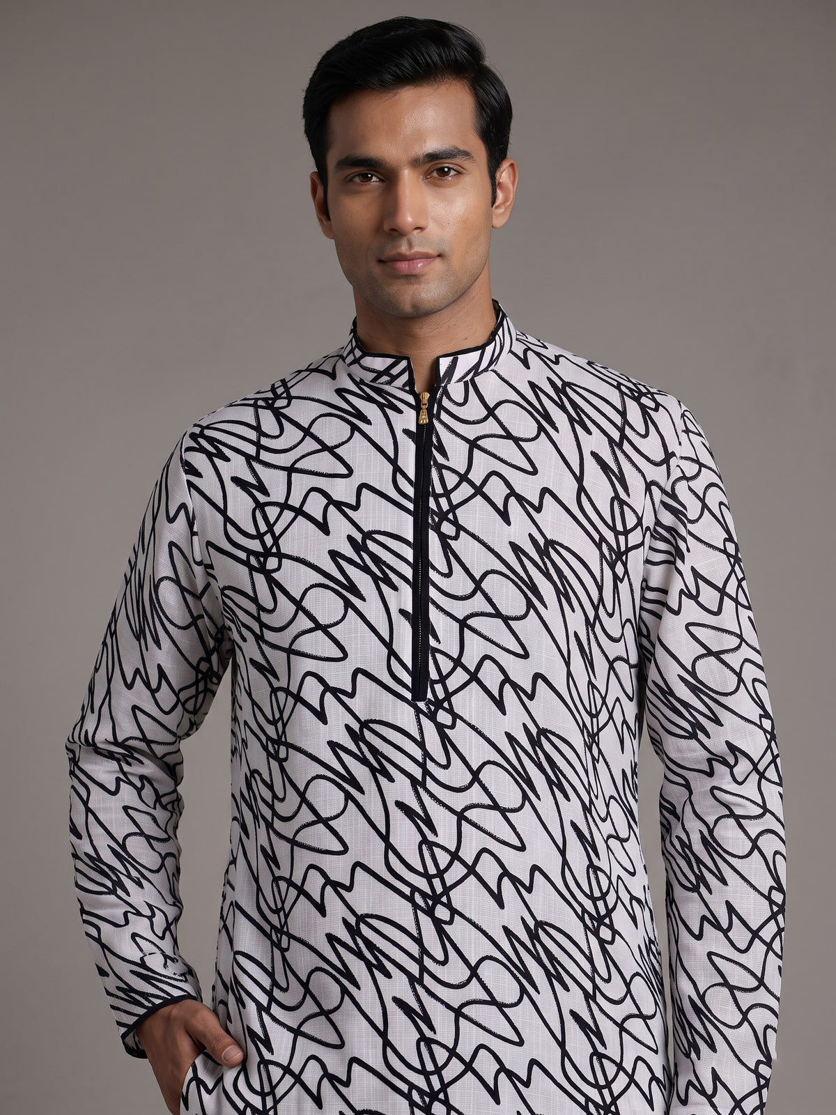 White linen kurta suit with black abstract doodle print