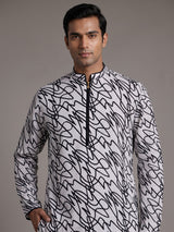 White linen kurta suit with black abstract doodle print