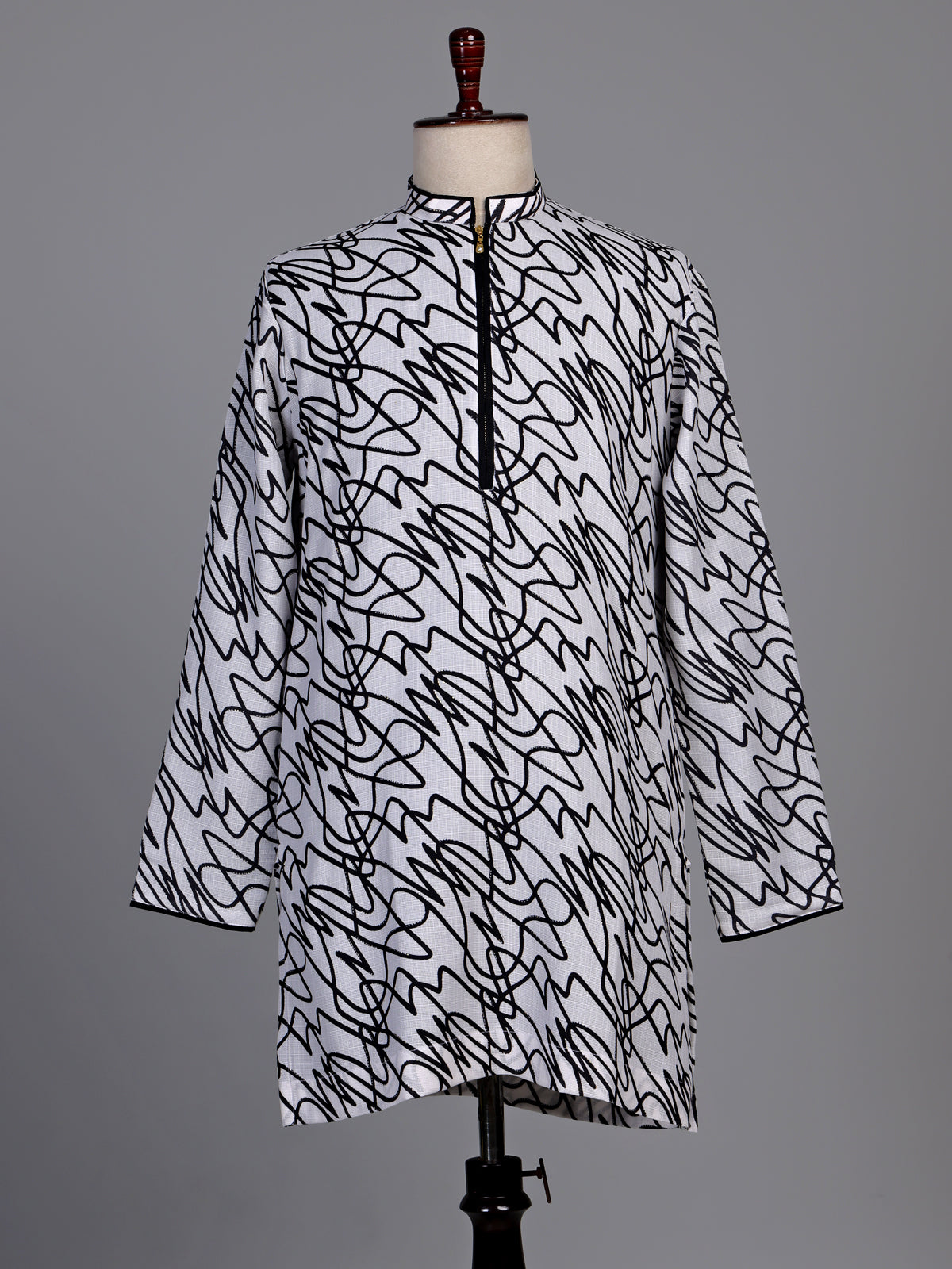 White linen kurta suit with black abstract doodle print