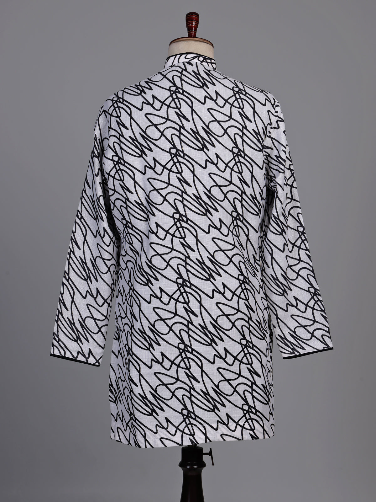 White linen kurta suit with black abstract doodle print