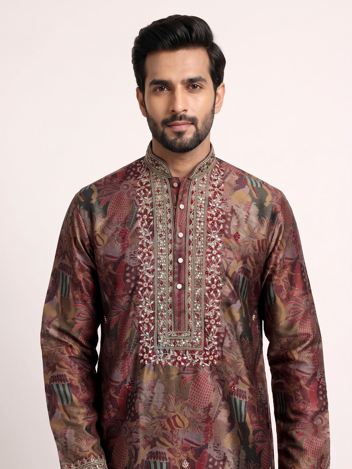 Multicolour tapestry print kurta suit with antique metallic embroidery
