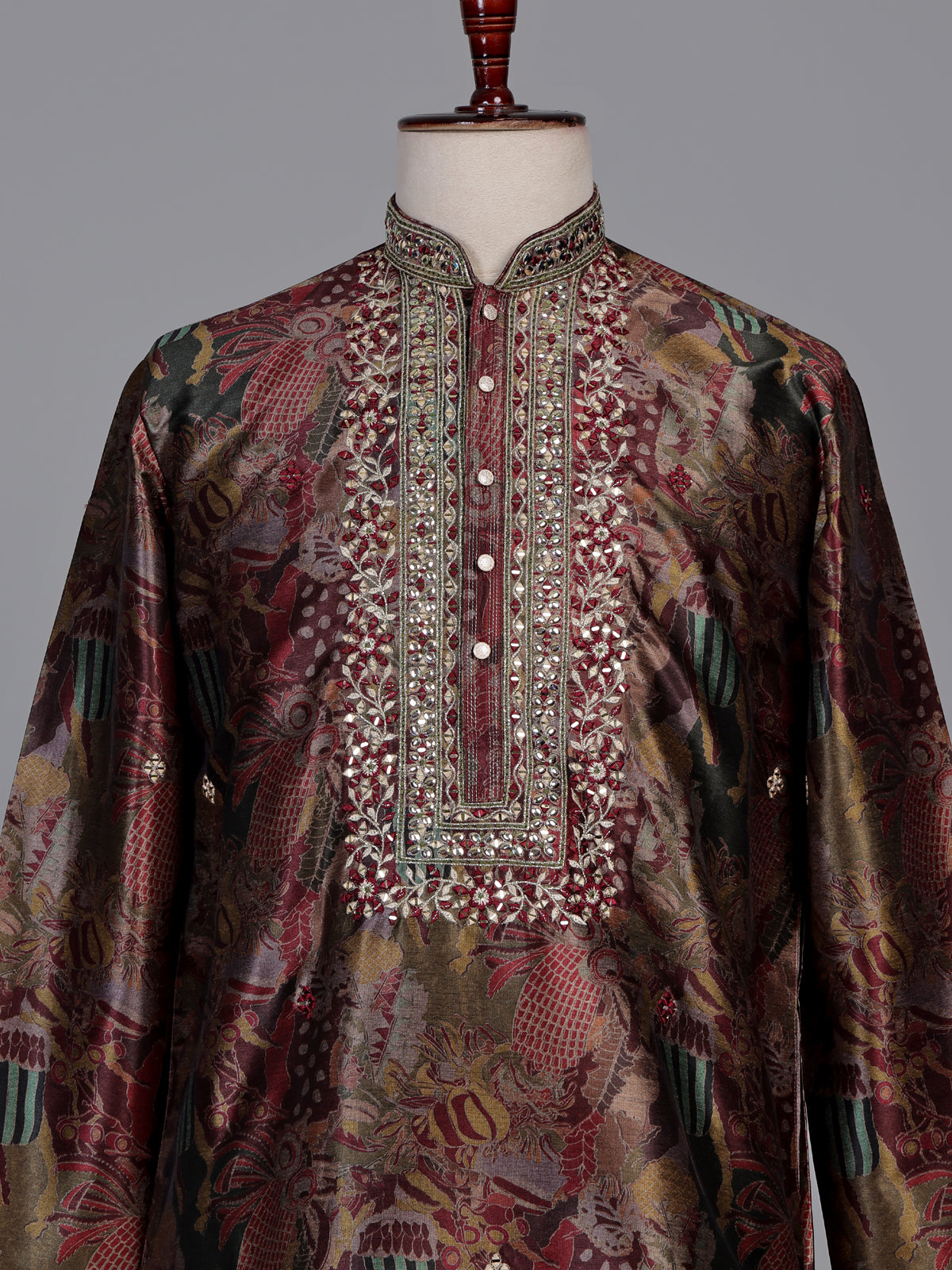 Multicolour tapestry print kurta suit with antique metallic embroidery