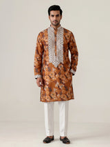 Mustard yellow silk kurta suit with floral print and mirror work