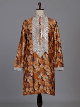 Mustard yellow silk kurta suit with floral print and mirror work