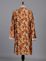 Mustard yellow silk kurta suit with floral print and mirror work
