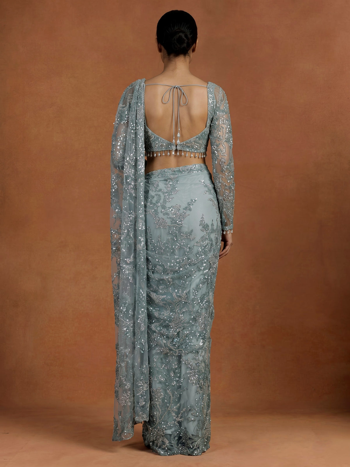 Elegant mint blue ready-to-wear saree with sequinned detailing