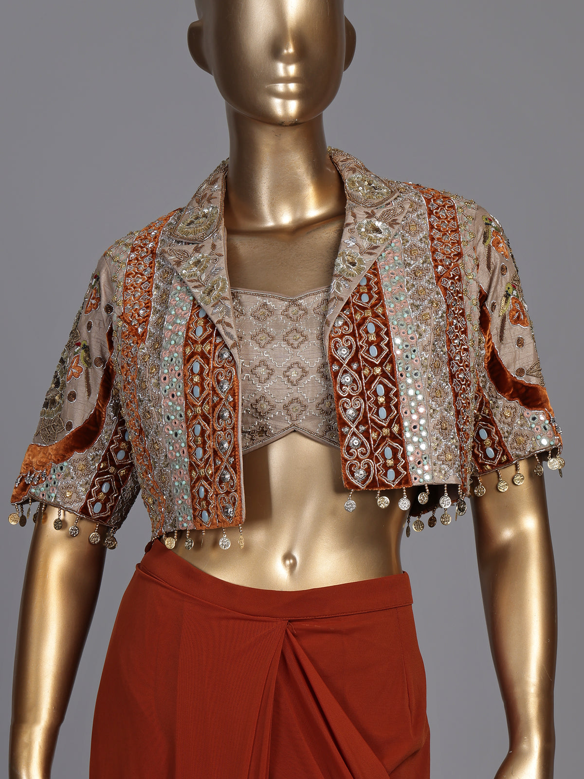 Regal deep orange ready-to-wear saree with embellished jacket blouse