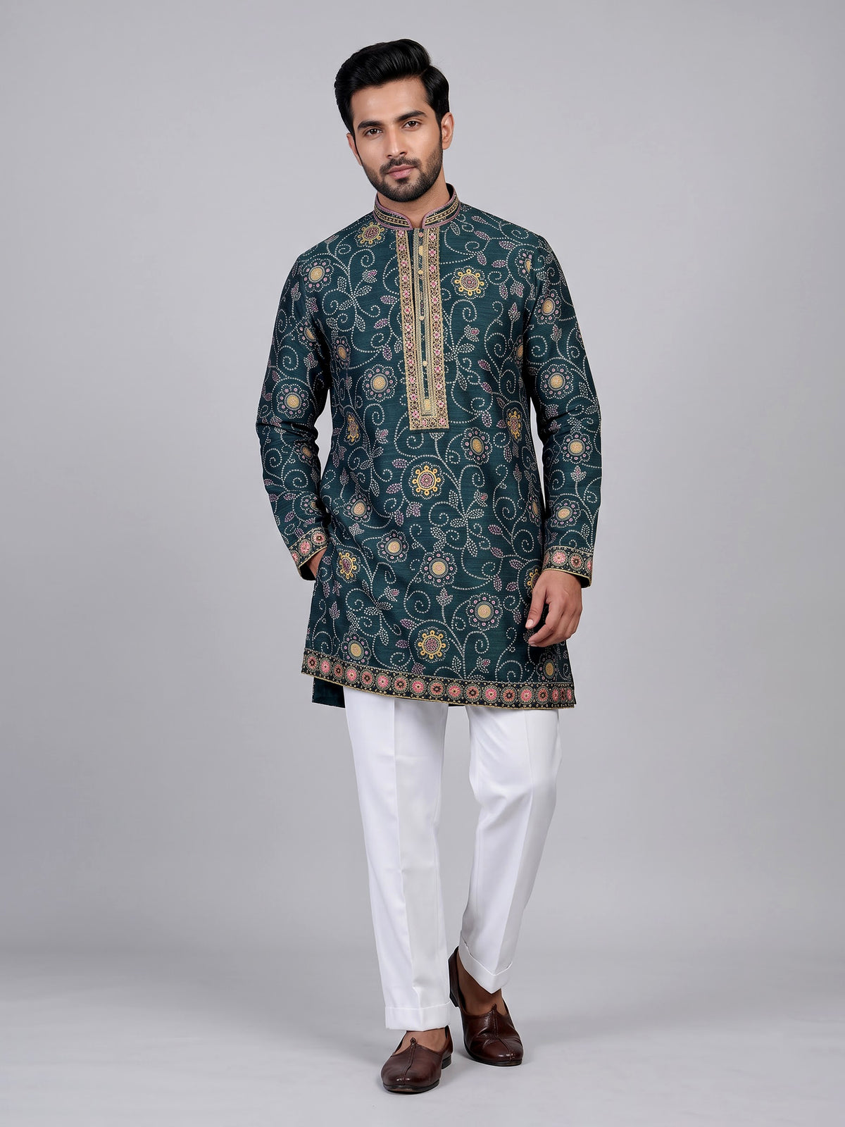 Bottle green bandhani silk kurta suit with multicolour thread work