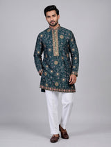 Bottle green bandhani silk kurta suit with multicolour thread work