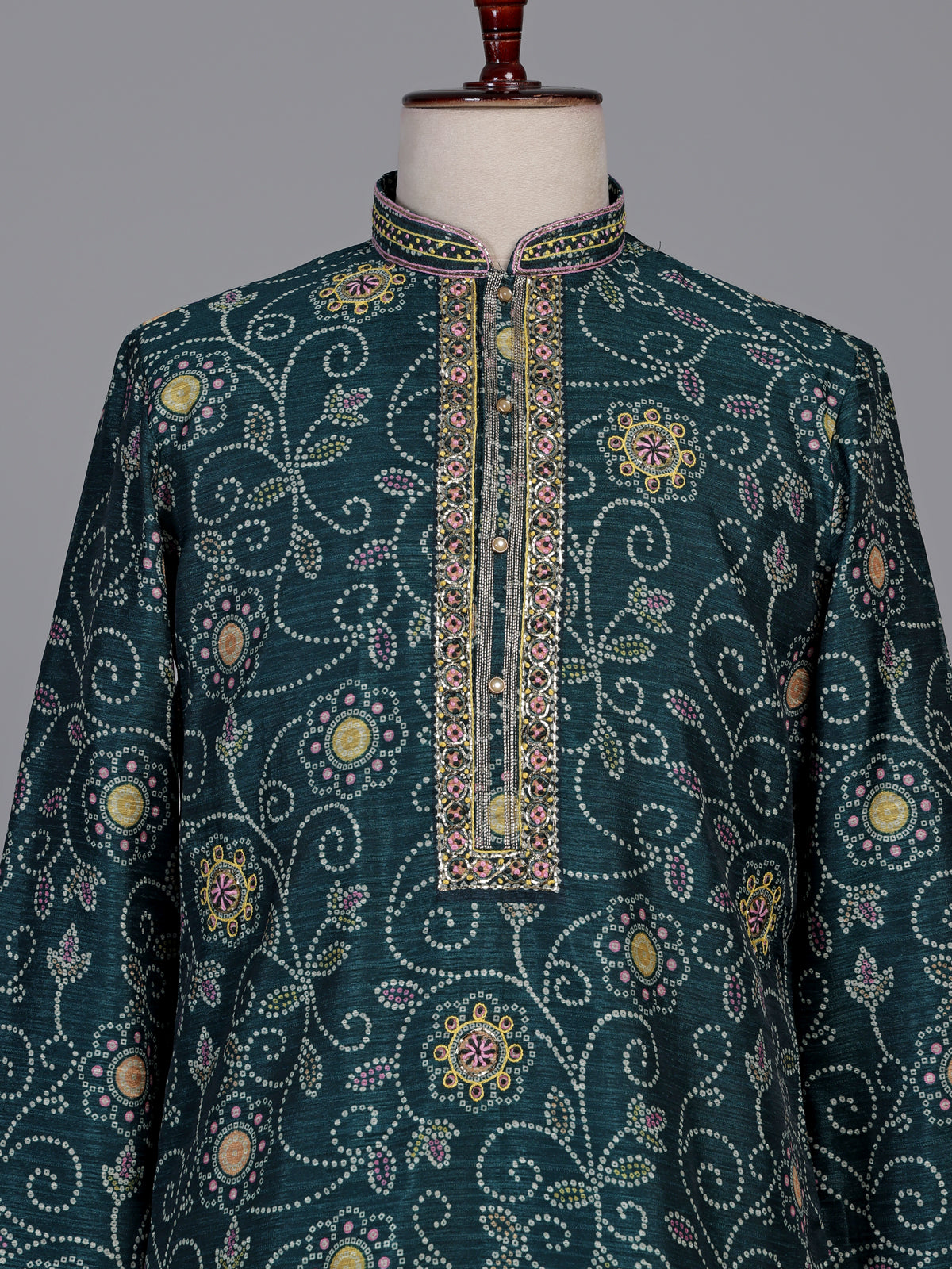 Bottle green bandhani silk kurta suit with multicolour thread work