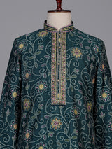 Bottle green bandhani silk kurta suit with multicolour thread work