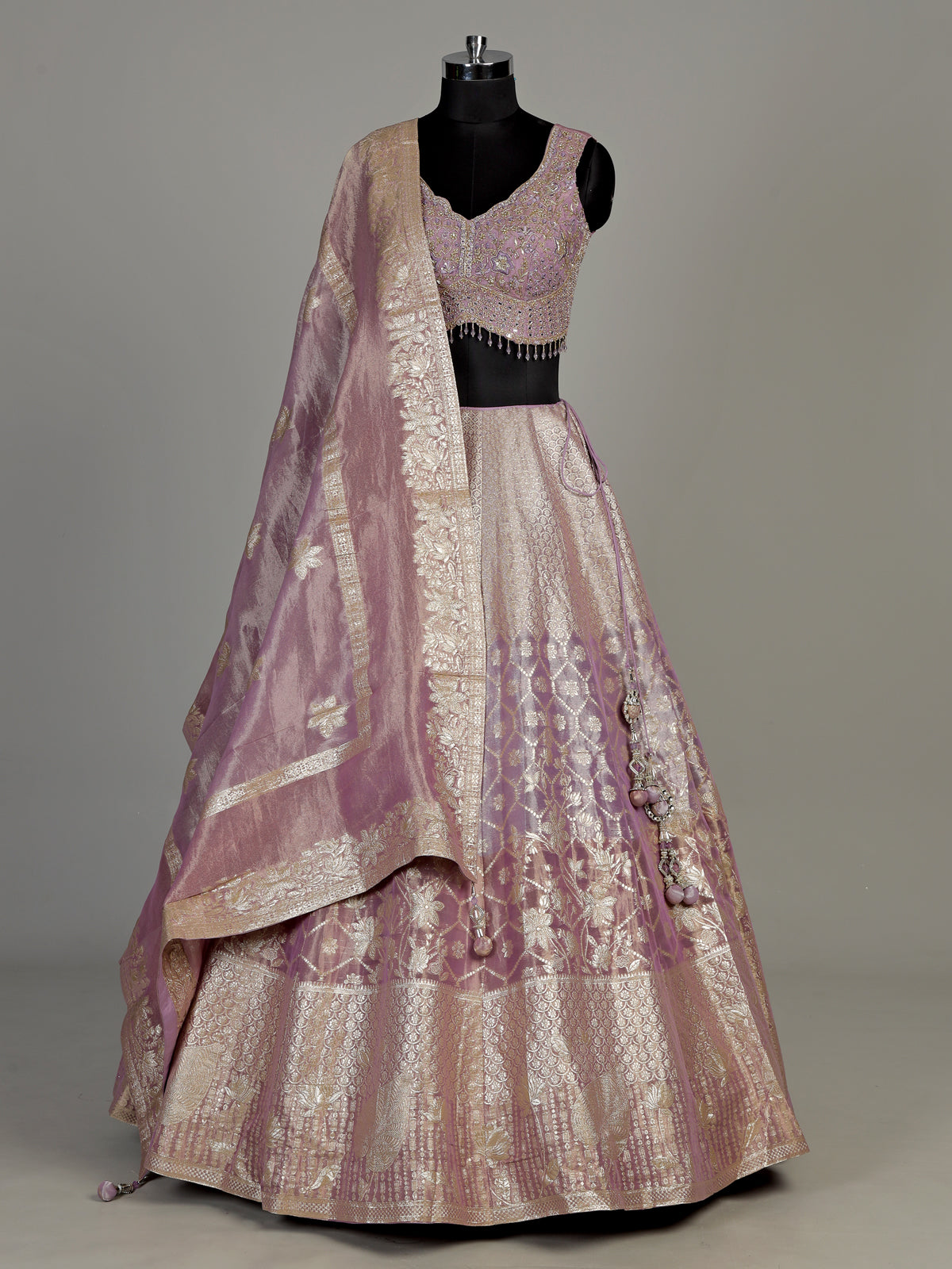 Lavender purple banarasi silk lehenga choli with zari embellishments
