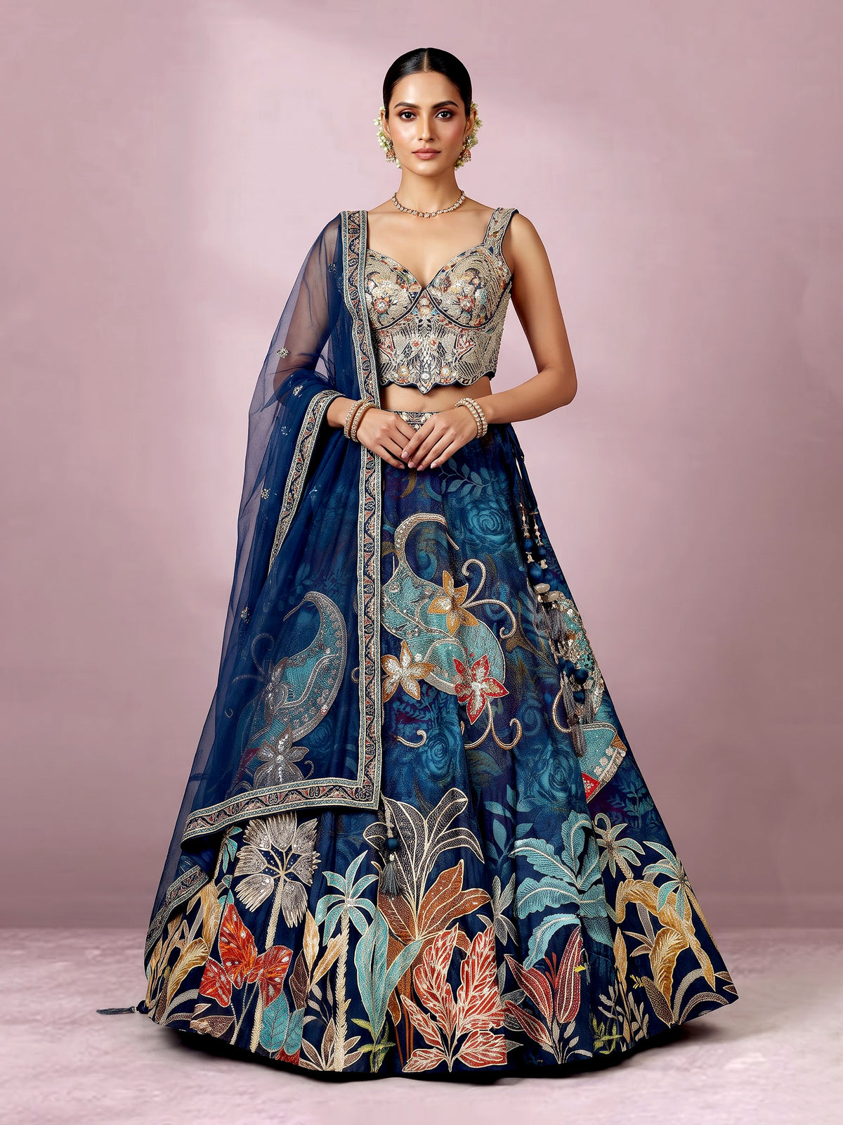 Blue silk floral lehenga choli with gota resham embellishments
