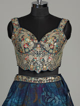 Blue silk floral lehenga choli with gota resham embellishments