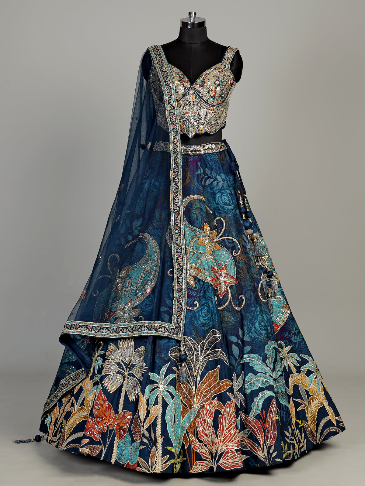 Blue silk floral lehenga choli with gota resham embellishments